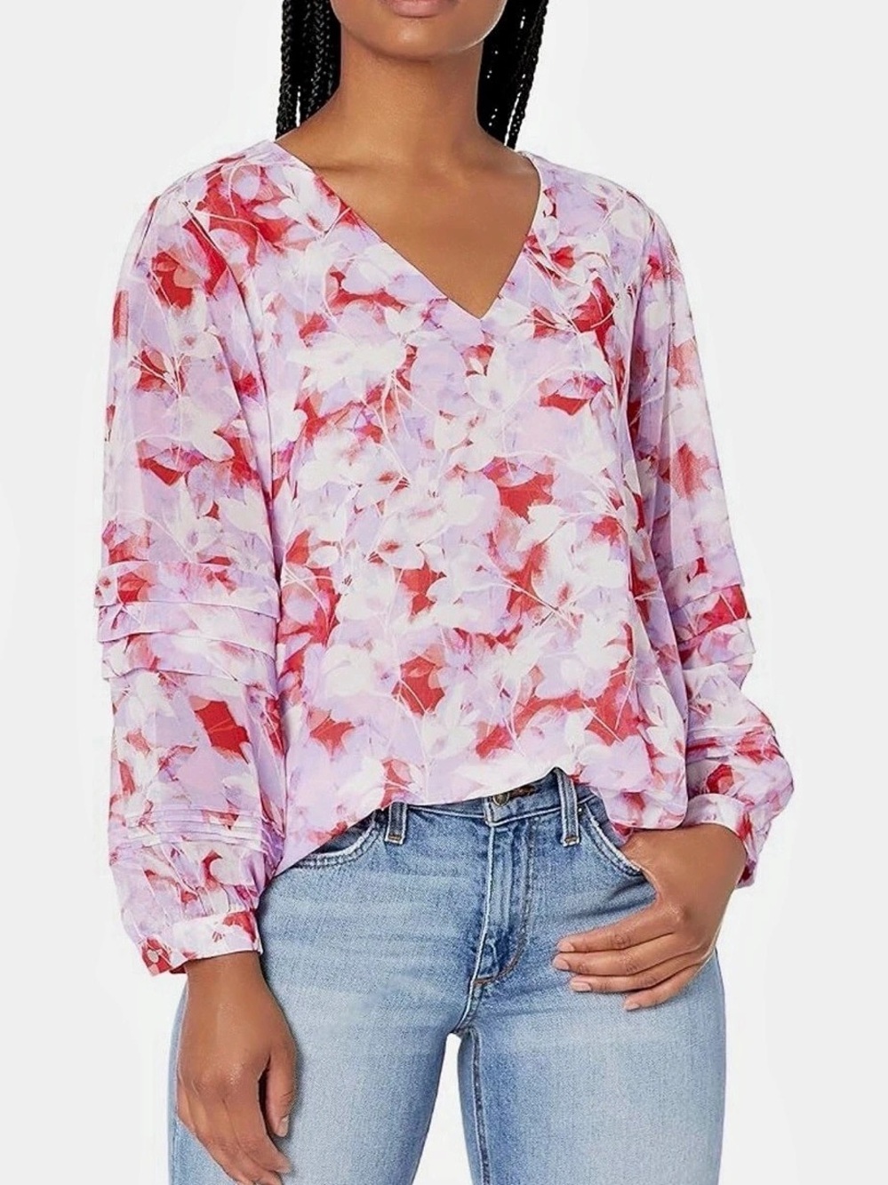 Calvin Klein Floral V-Neck Blouse in Pink & Purple Medium Like New